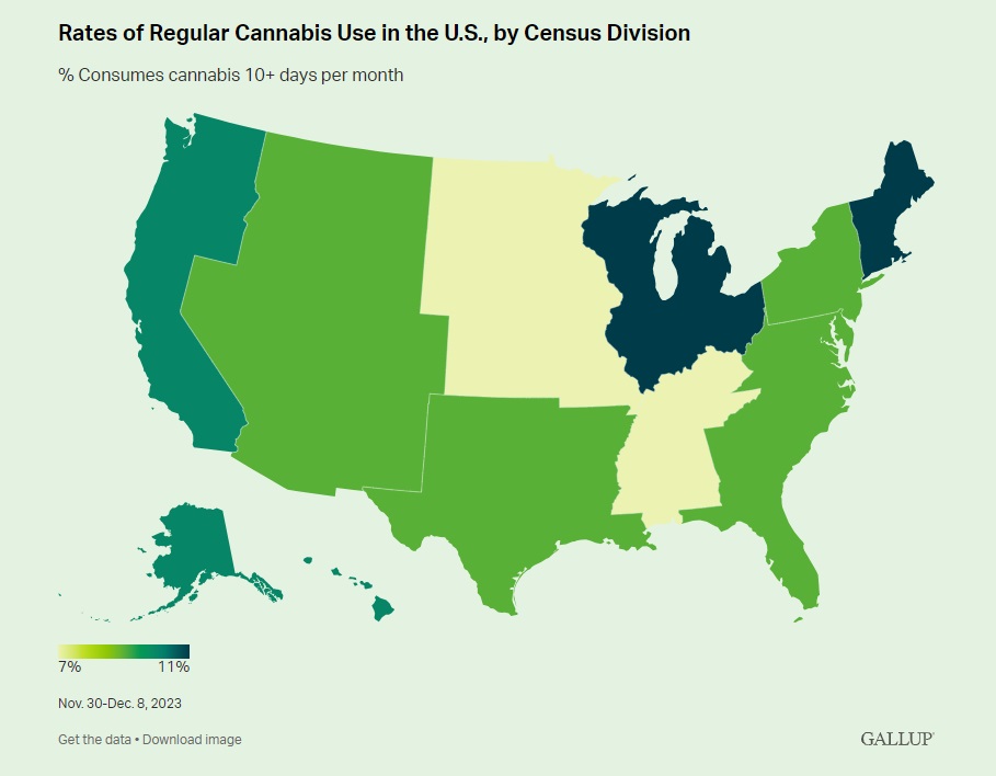rates of regular cannabis use in the us by census division